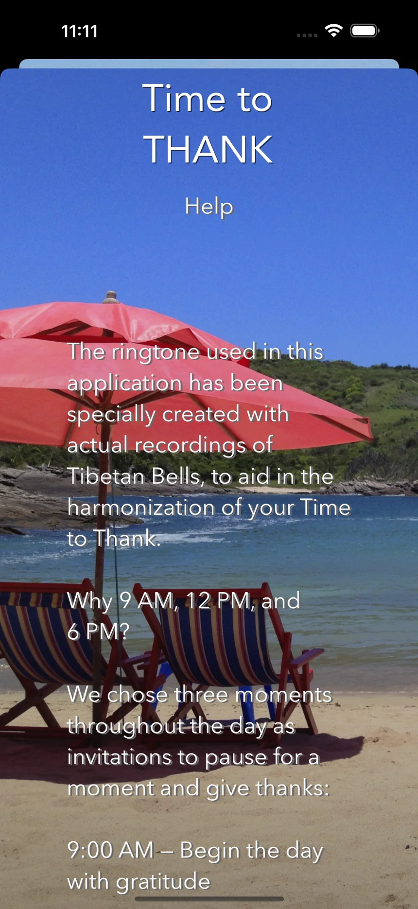 Time to Thank help screen explaining the Harmonizing Sound and suggested reminder times