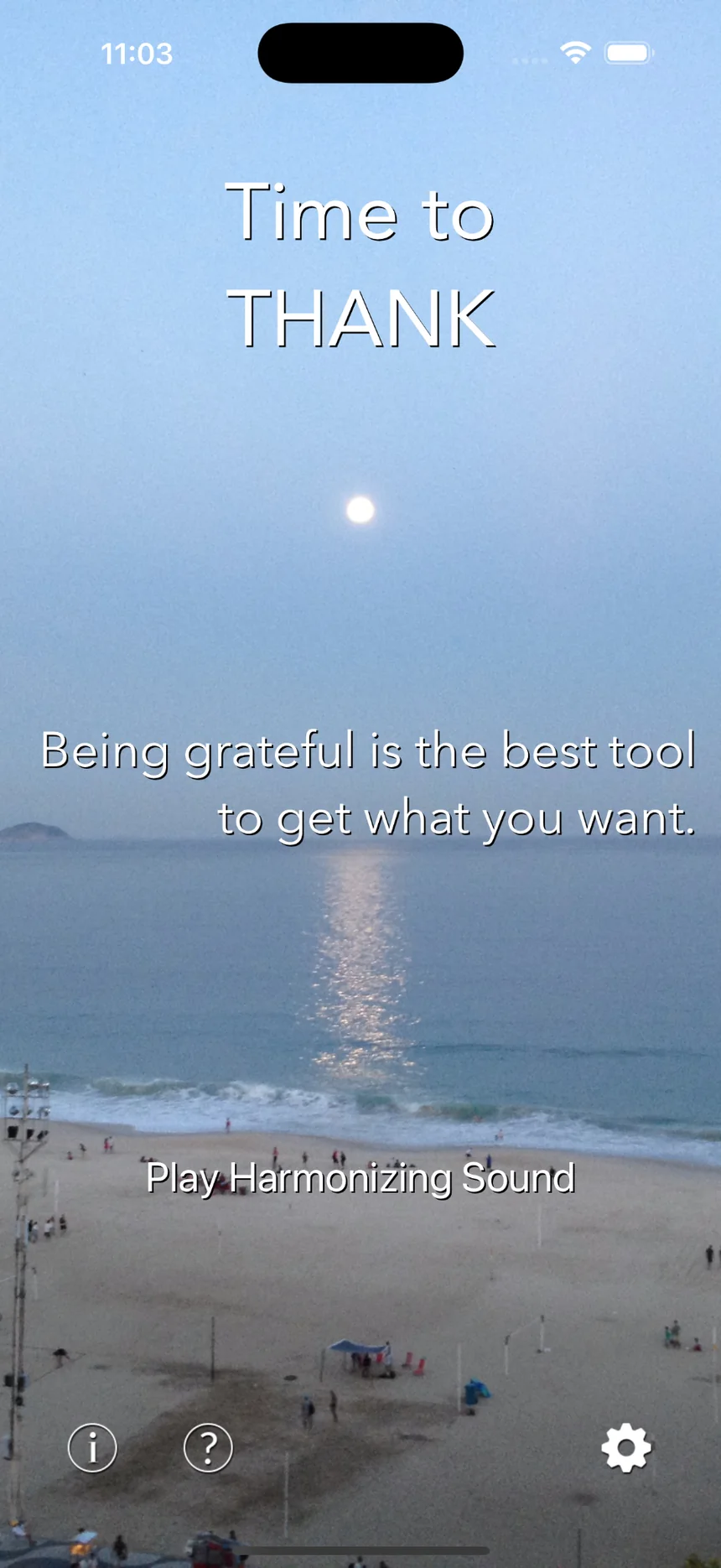 Time to Thank main screen with a seaside landscape and access to the Harmonizing Sound