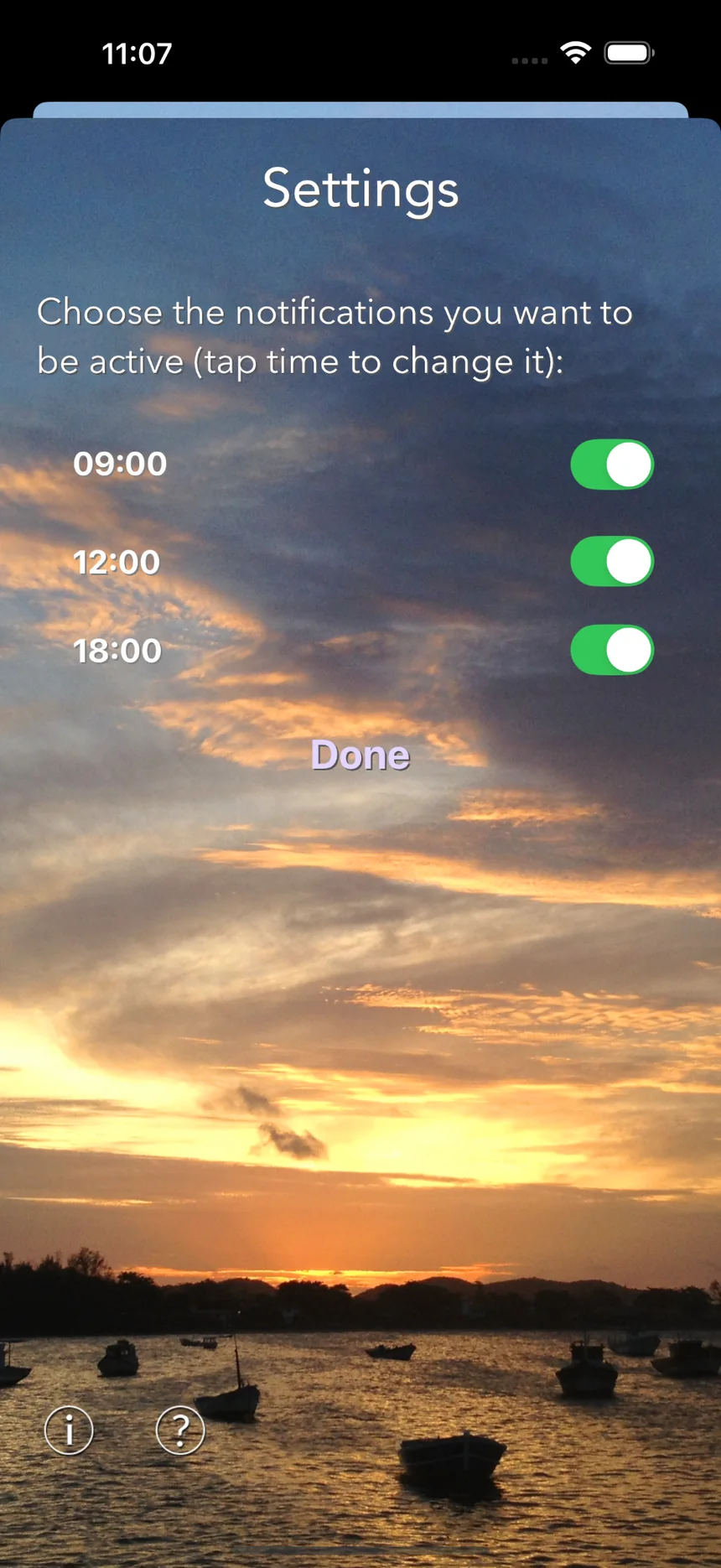 Time to Thank settings screen showing reminders at 9 AM, 12 PM and 6 PM
