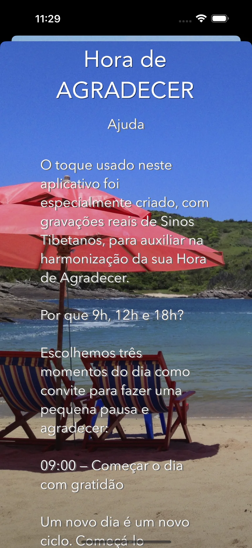 Tela de ajuda do Hora de Agradecer explicando o Som Harmonizador e os horários sugeridos